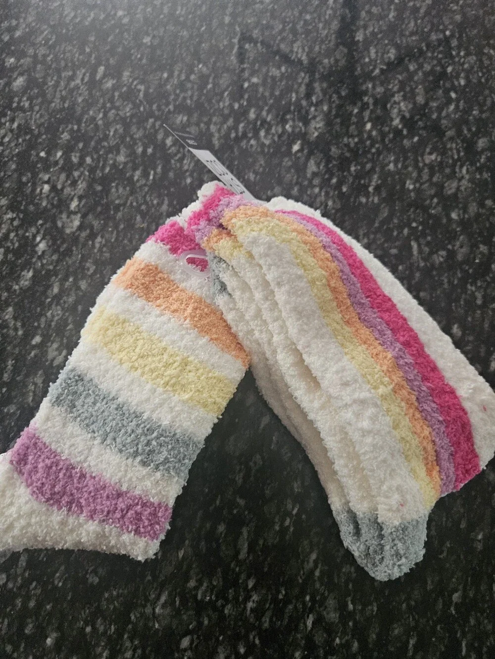 Stay Cozy Crews Cozy Socks - White with Pink, Purple, Orange & Yellow Stripes